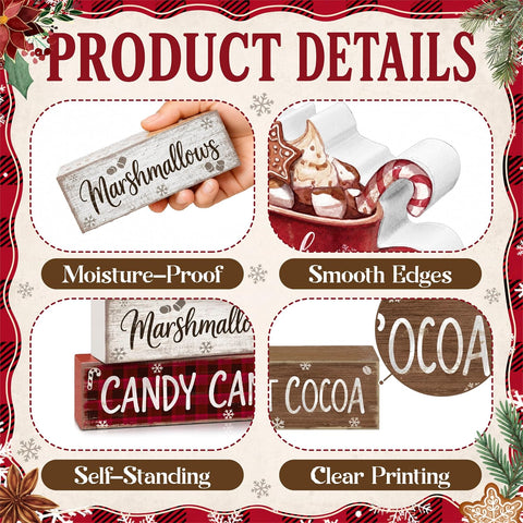 4 Pcs Christmas Table Decorations, Wooden Hot Cocoa Decor Indoor