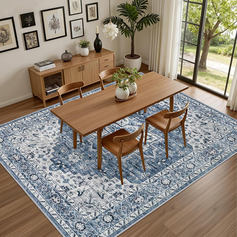 5x7 Area Rugs Living Room: Washable Vintage Rug for Bedroom Blue
