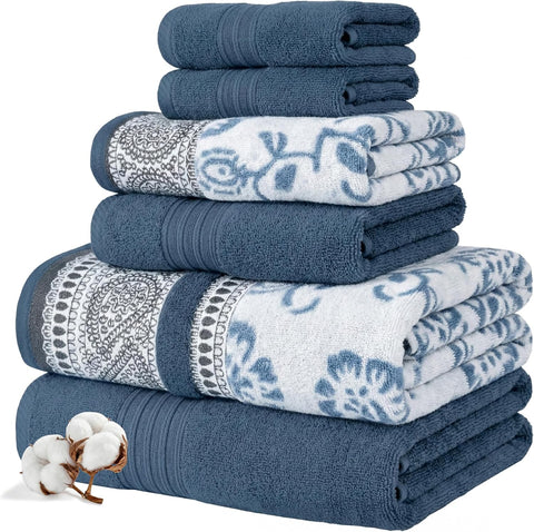 Modern Threads 6 Piece Bath Towel Set – Bathroom Set with 2 Bath Towels, 2 Hand Towels, and 2 Wash Cloths – 100% Cotton, Super Absorbent & Extra Soft – Reversible Floral Trail (Navy)