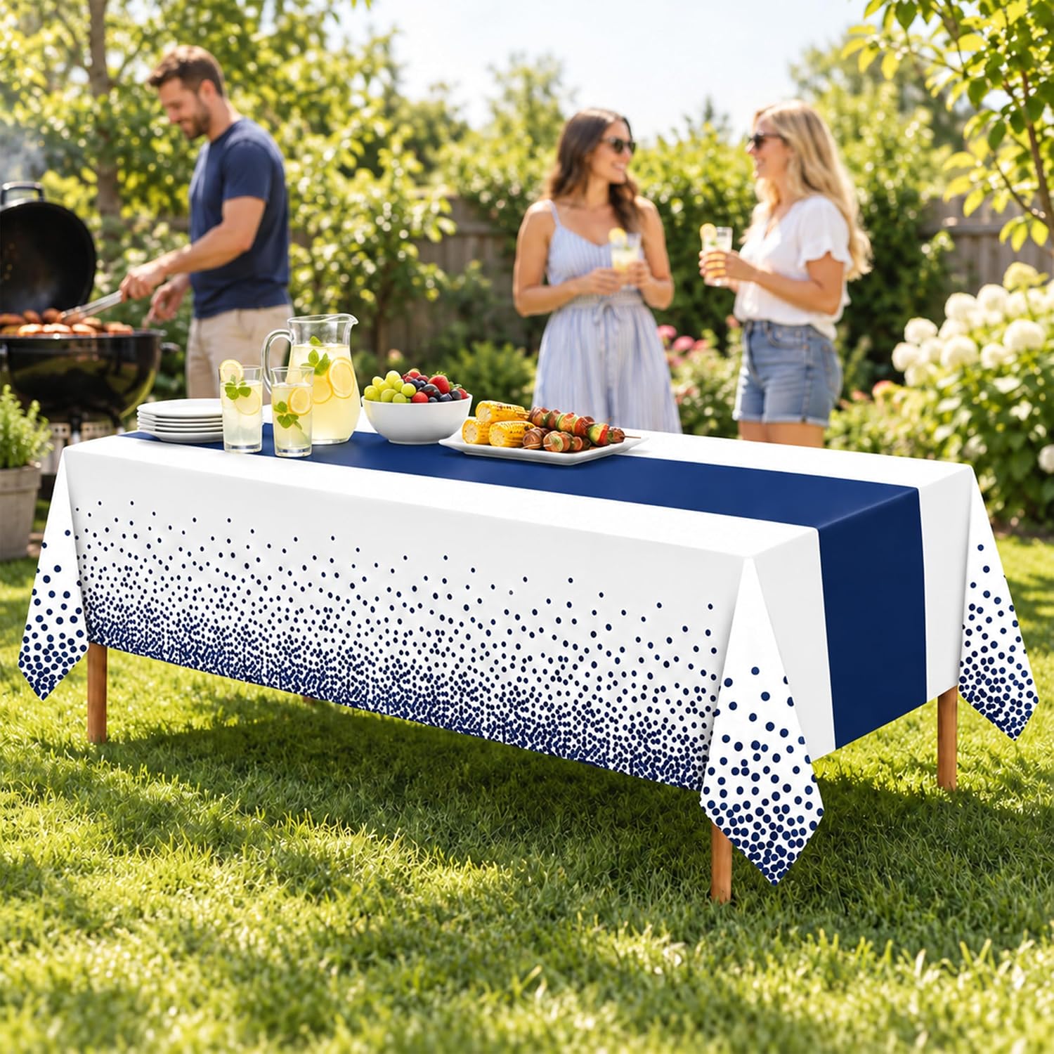 2 Pack White Navy Blue Tablecloths, 54 x 108 Inch Rectangle Covers