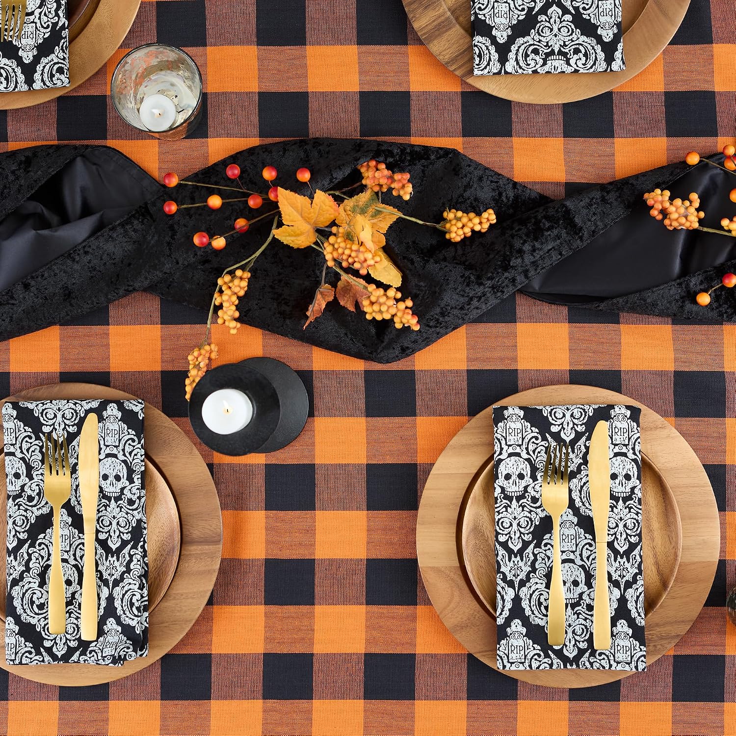 DII Buffalo Check Collection, Classic Farmhouse Tablecloth, 60 x 84, Orange & Black
