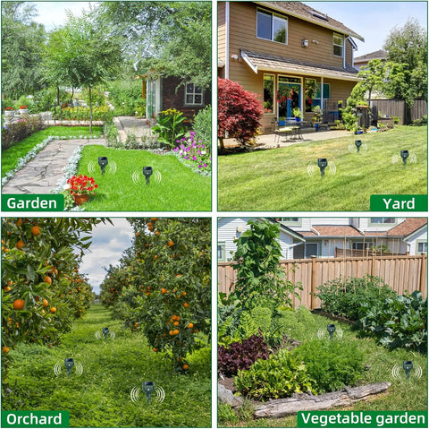 Mole Repellent Solar Powered, 4 Pack Snake & Skunk Repellent for Yard, IP 65 Waterproof Ultrasonic Deterrent Stakes, Get Rid of Rabbit, Gopher, Vole, Chipmunk, Deer, Groundhog for Lawns Garden