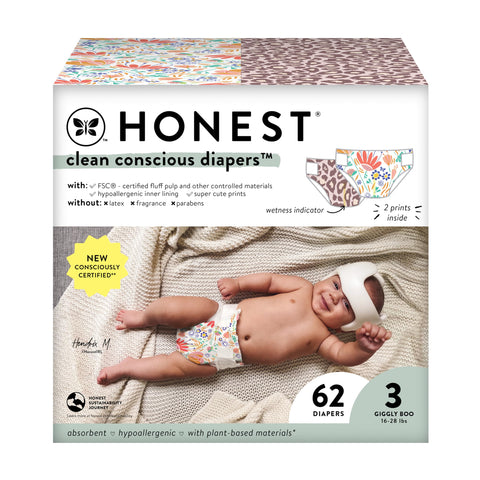 The Honest Company Clean Conscious Diapers | Plant-Based, Sustainable | Wild Thang + Flower Power | Club Box, Size 3 (16-28 lbs), 62 Count