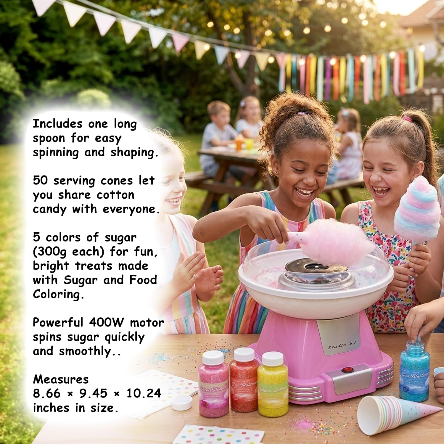 Retro Cotton Candy Machine with 5 Jars (11oz Each) Floss Sugar, 50 Paper Cones, Easy Cleanup Cotton Candy Maker, Durable Retro Design, Makes 20–30 Servings per Jar, BPA & Lead Free