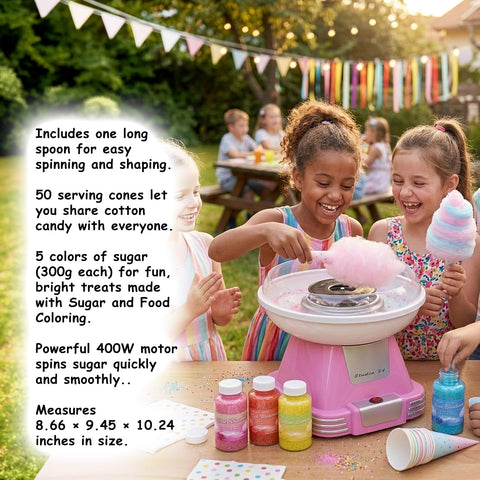 Retro Cotton Candy Machine with 5 Jars (11oz Each) Floss Sugar, 50 Paper Cones, Easy Cleanup Cotton Candy Maker, Durable Retro Design, Makes 20–30 Servings per Jar, BPA & Lead Free