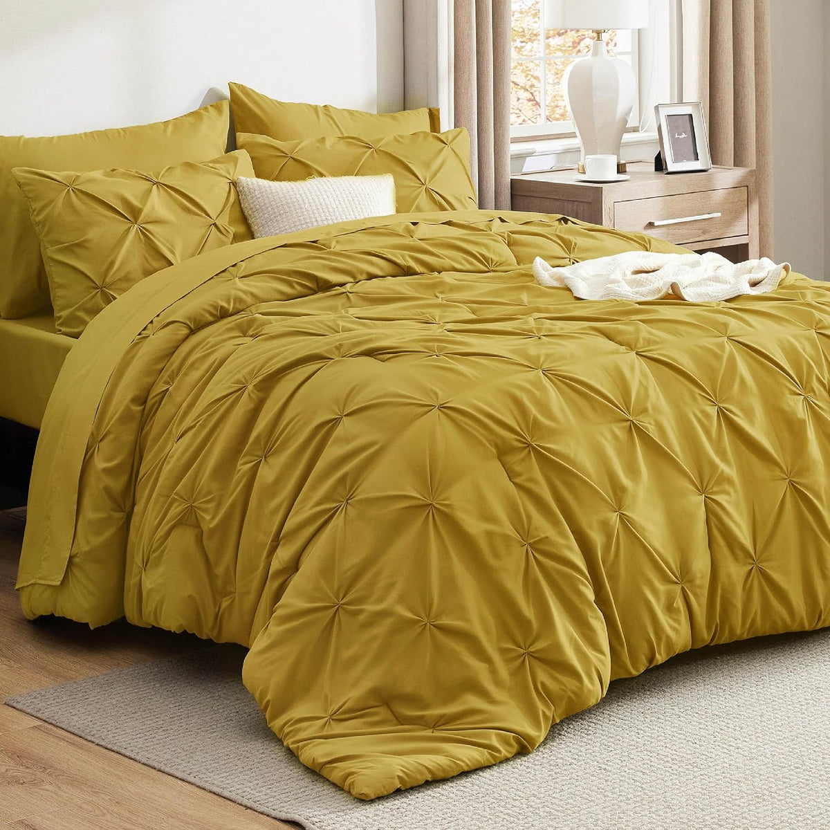 Bedsure 7pc Full Size Comforter Sets & Sheets, Mustard Yellow Full Bedding