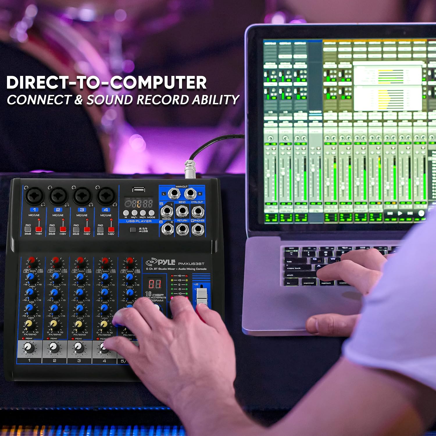 Pyle Professional 6 Channel Audio Mixer with Bluetooth - DJ Sound Board - USB Computer Input - Built-in MP3 Player - 48V Phantom Power - 3 Band EQ - 16-Bit DSP FX - Band, Studio Ready - PMXU63BT