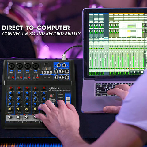 Pyle Professional 6 Channel Audio Mixer with Bluetooth - DJ Sound Board - USB Computer Input - Built-in MP3 Player - 48V Phantom Power - 3 Band EQ - 16-Bit DSP FX - Band, Studio Ready - PMXU63BT