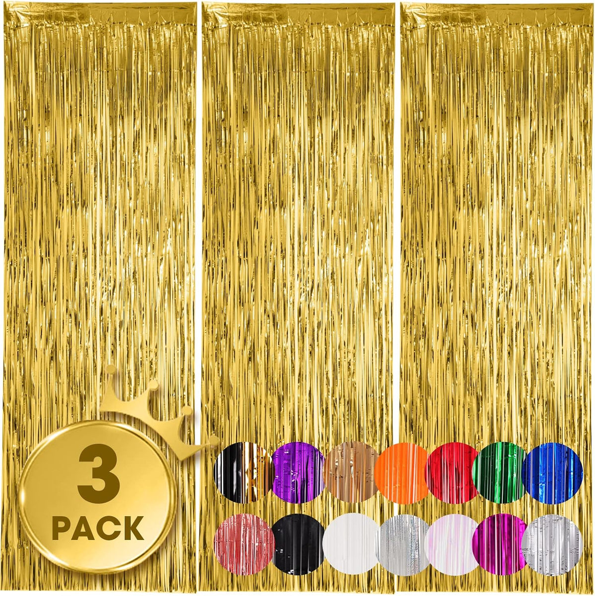 Voircoloria Gold Foil Fringe Backdrop Curtains, 3.3x8.2ft, 3 Pack