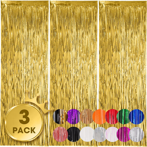 Voircoloria Gold Foil Fringe Backdrop Curtains, 3.3x8.2ft, 3 Pack