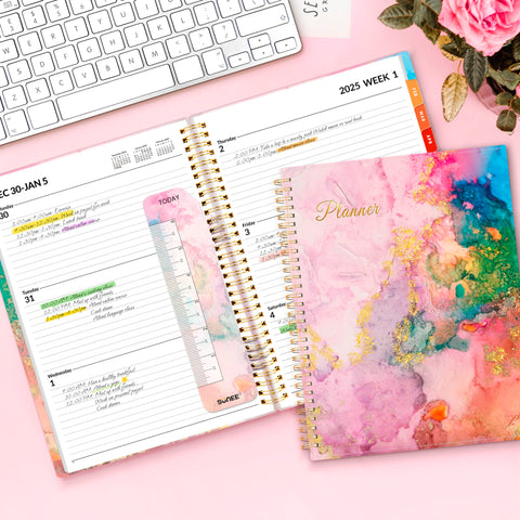 SUNEE 2025 Weekly and Monthly Planner - from January 2025 - December 2025, 8.5"x11" Daily Agenda Planner with Monthly Tab, Flexible Cover, Note Pages, Pockets, Bookmark, Spiral Binding, Marble