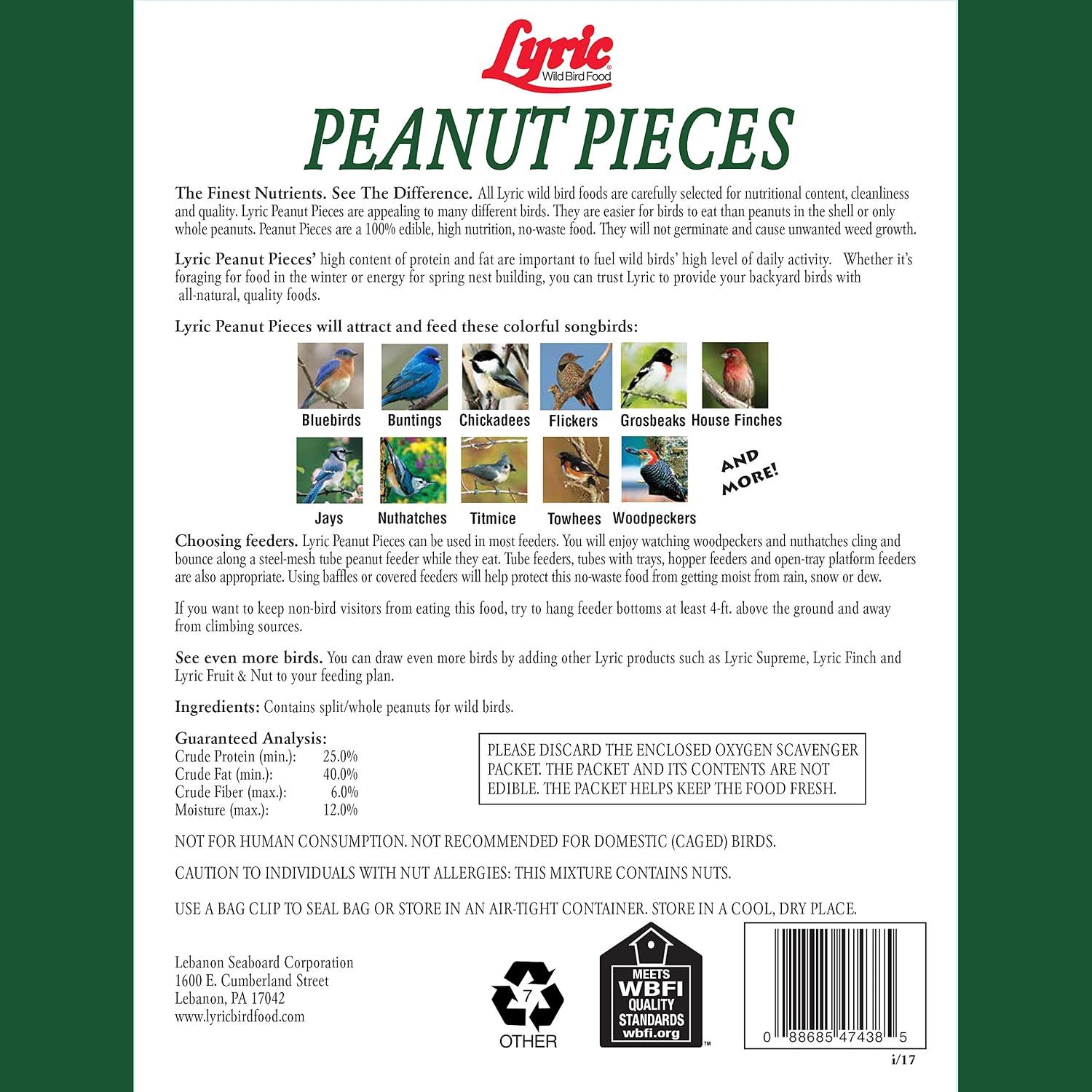 Lyric Peanut Pieces Wild Bird Seed - Shelled, 30 lb (Pack of 2-15 lb Bags)