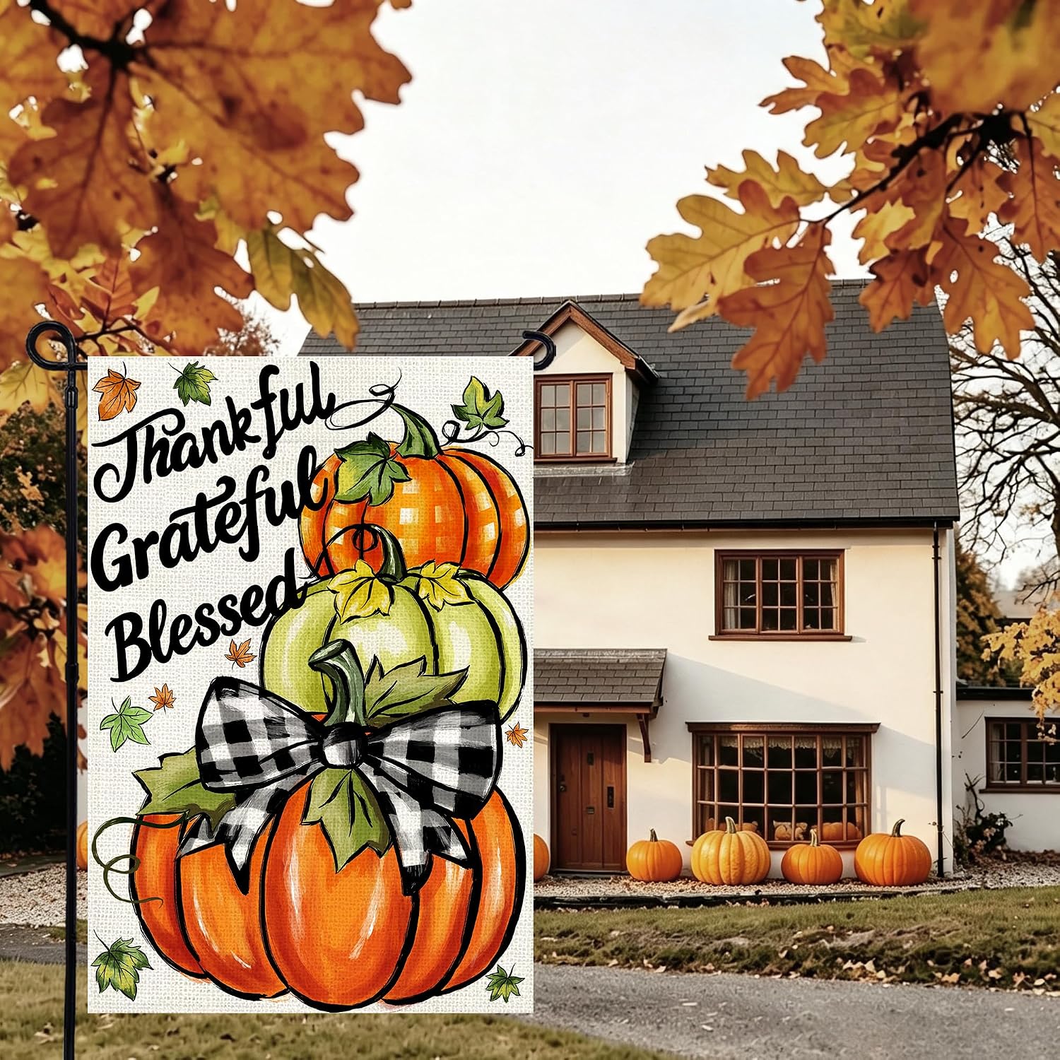 Thanksgiving Garden Flag 12x18 In, Pumpkin with"Thankful Grateful Blessed"