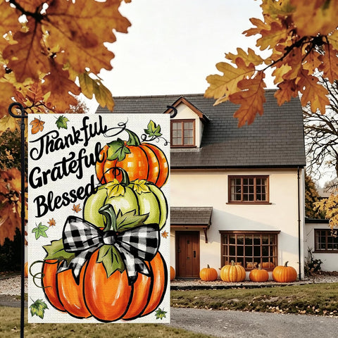 Thanksgiving Garden Flag 12x18 In, Pumpkin with"Thankful Grateful Blessed"