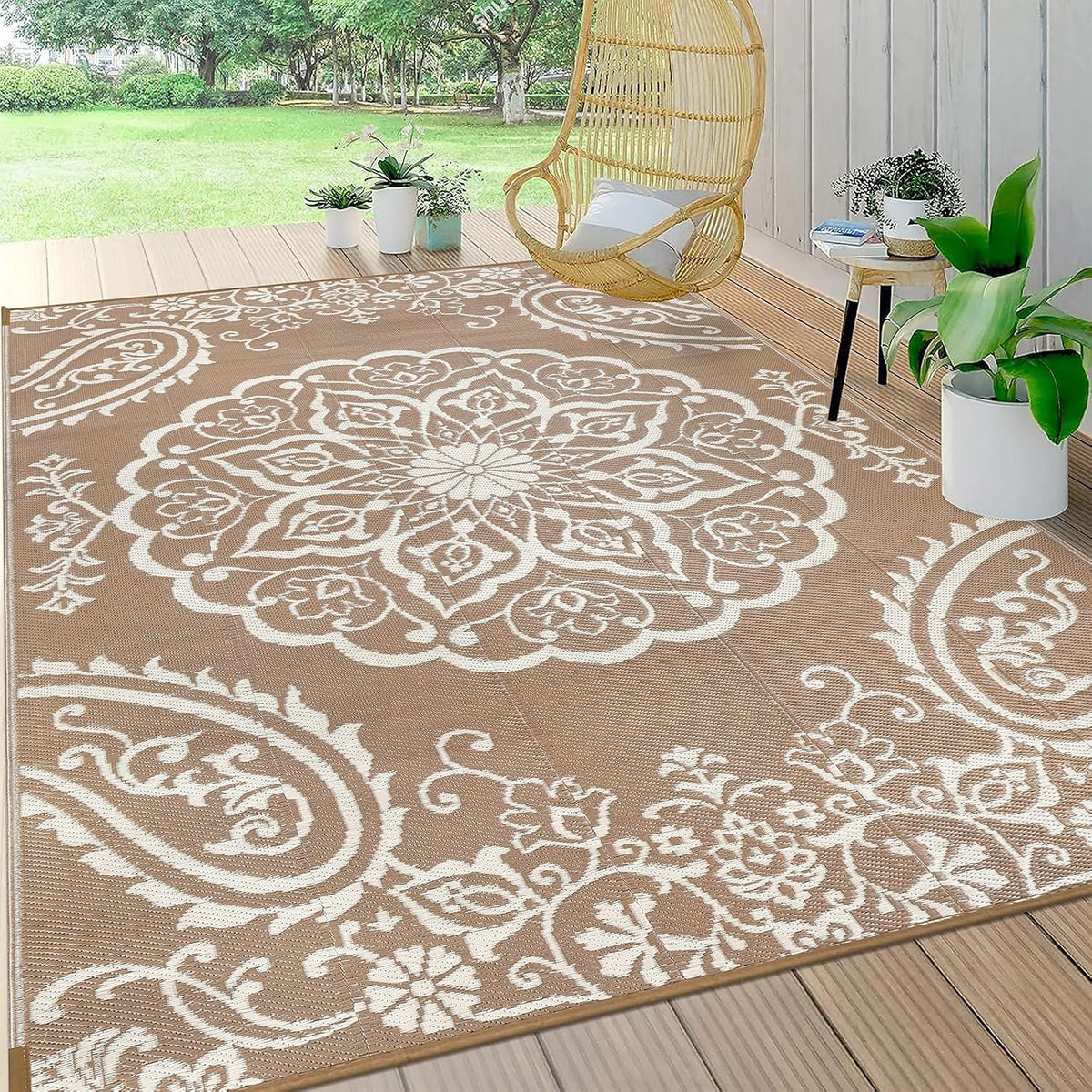 Pauwer Outdoor Rug 6x9, Waterproof Plastic Straw Camping Rug, Boho Brown