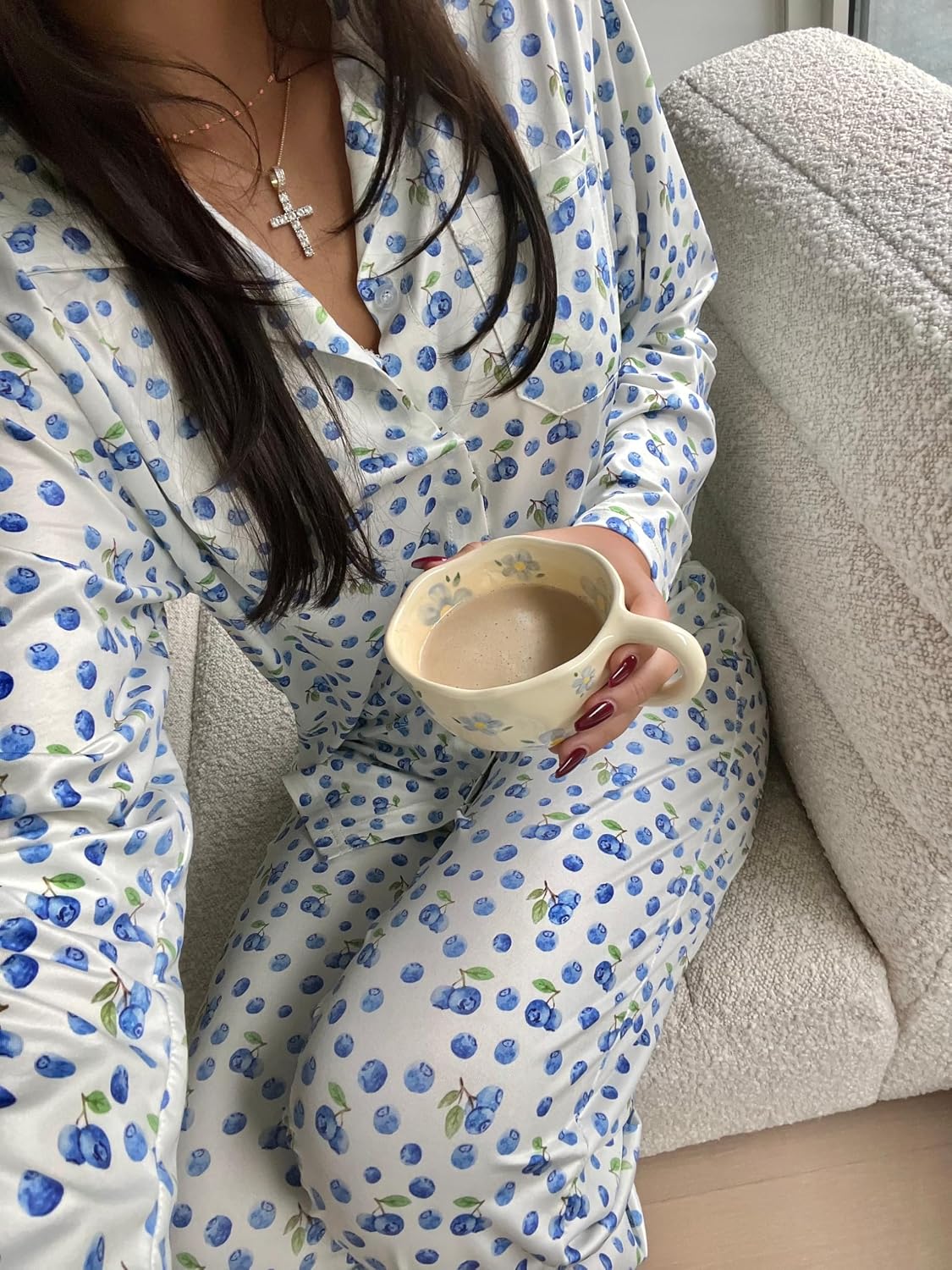 Seyurigaoka Women 2 Piece Floral Pajamas Lounge Set Y2K Long Sleeve Shirt Wide Leg Pants Sleepwear Pj Matching Sets