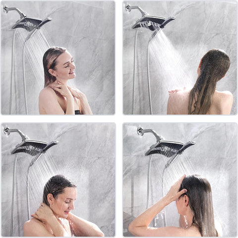 BRIGHT SHOWERS High Pressure Dual Shower Head Combo, Handheld Showerhead Rainfall Shower Head Combo with Black Face, 60 Inch Long Stainless Steel Shower Hose, Chrome