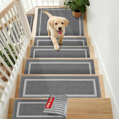 COSY HOMEER Soft Stair Treads 15pcs Non-Slip Carpet Mat 28inX9in,Grey