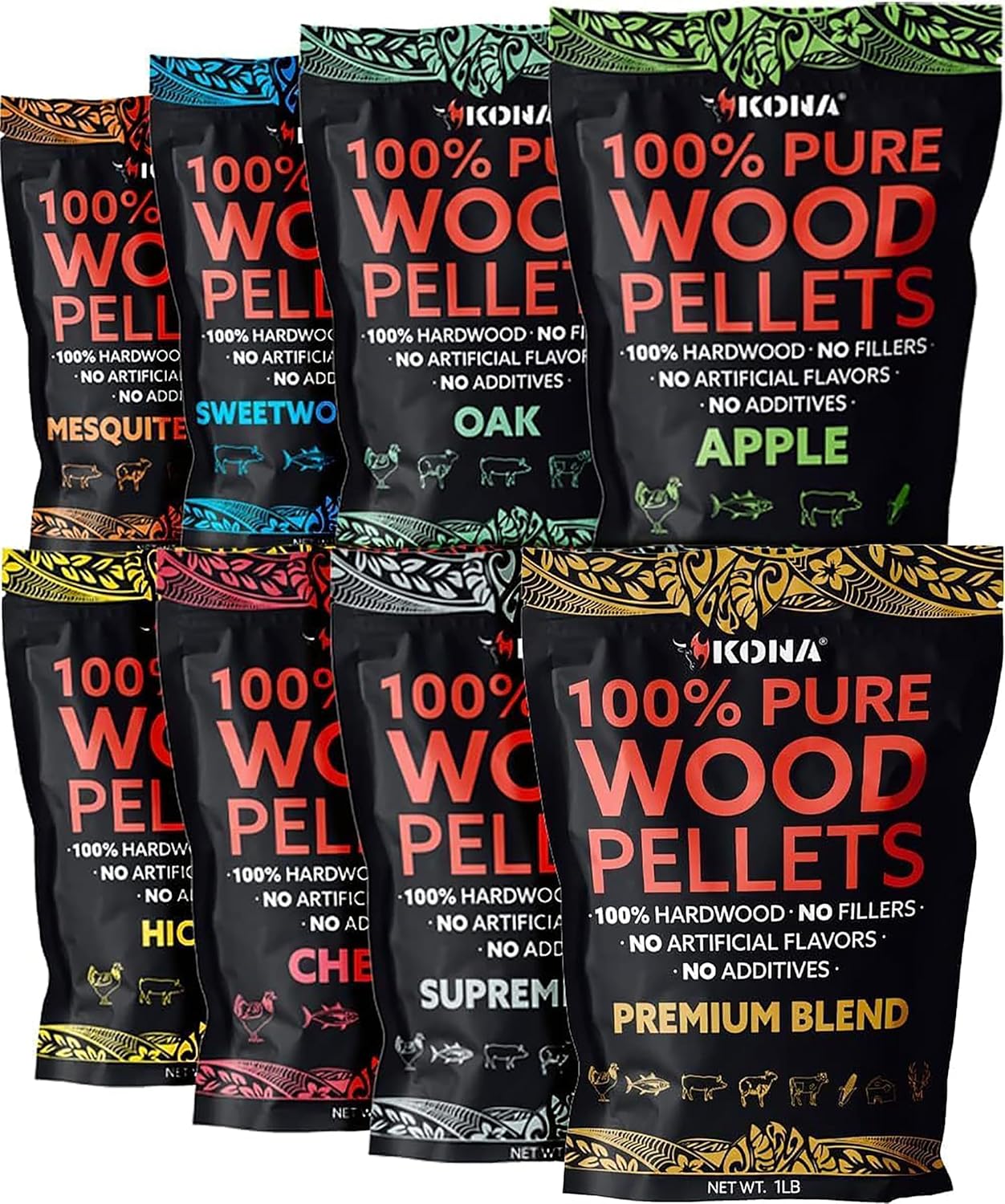 Kona Wood Pellet Variety Pack for Ninja Woodfire - 8 Flavors, 8 x 1 lb