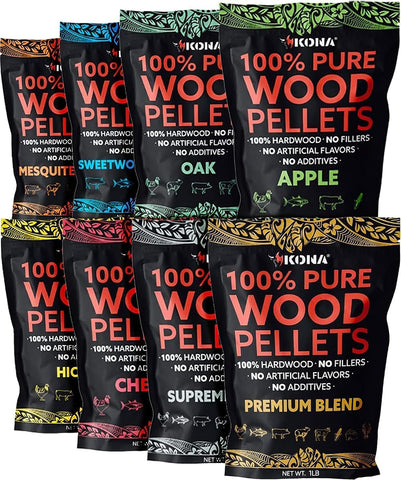 Kona Wood Pellet Variety Pack for Ninja Woodfire - 8 Flavors, 8 x 1 lb