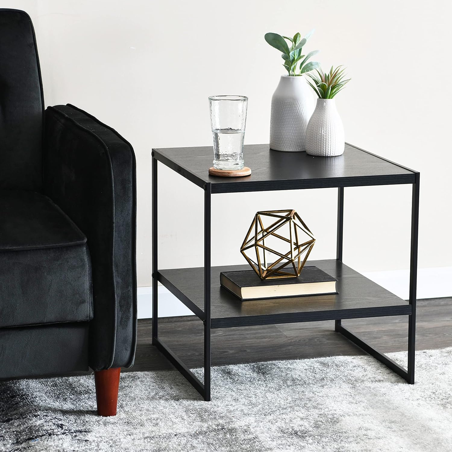 Household Essentials Square Side End Table with Storage Shelf, Oak Wood Grain and Black Metal Frame, Black
