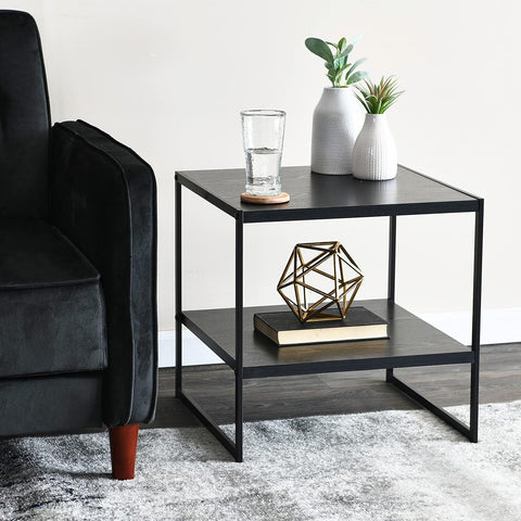 Household Essentials Square Side End Table with Storage Shelf, Oak Wood Grain and Black Metal Frame, Black