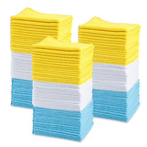 Amazon Basics Microfiber Cleaning Cloths for Cars, Non-Abrasive, Highly Absorbent, Lint Free, Reusable and Washable, Pack of 144, Blue/White/Yellow, 16" x 12"