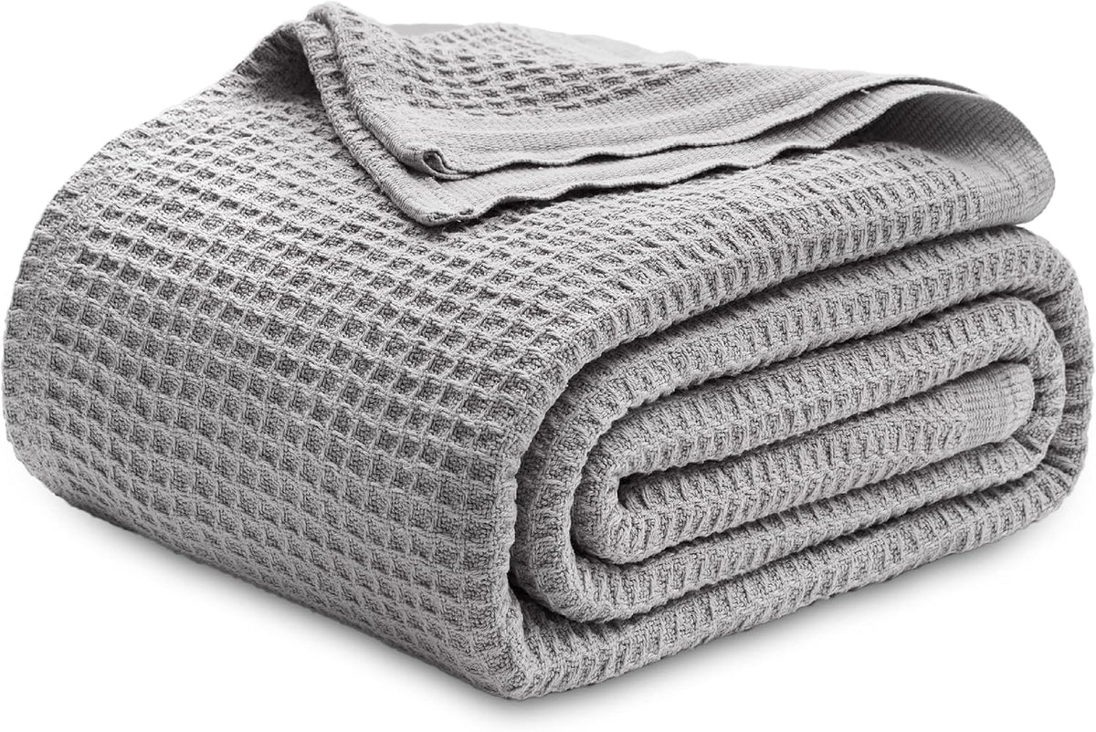 Bedsure 100% Cotton Blanket, Waffle Weave, Queen Size, Grey, 90"x90"