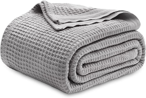 Bedsure 100% Cotton Blanket, Waffle Weave, Queen Size, Grey, 90"x90"