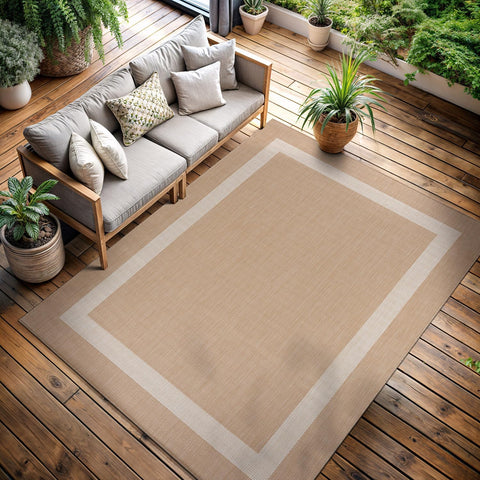 CAMILSON Outdoor Rug 5x7, Modern Outside Rugs for Patios Porches Waterproof Durable Washable Non-Shedding, Easy-to-Clean Indoor Outdoor Area Carpet (5 x 7, Bordered - Beige/White)