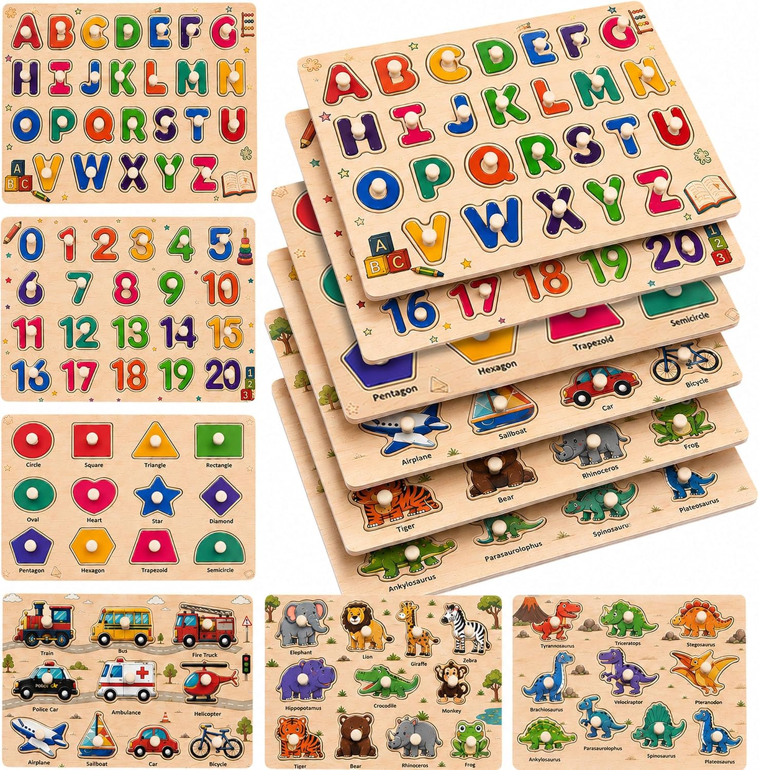 Wooden Peg Puzzles for Kids Ages 3-5, 6 Pack Large ABC Alphabet Number Shape Animal Dinosaur Vehicle Puzzle Set, Preschool Learning Toys, Montessori Educational Gifts for 3 4 5 Boys Girls