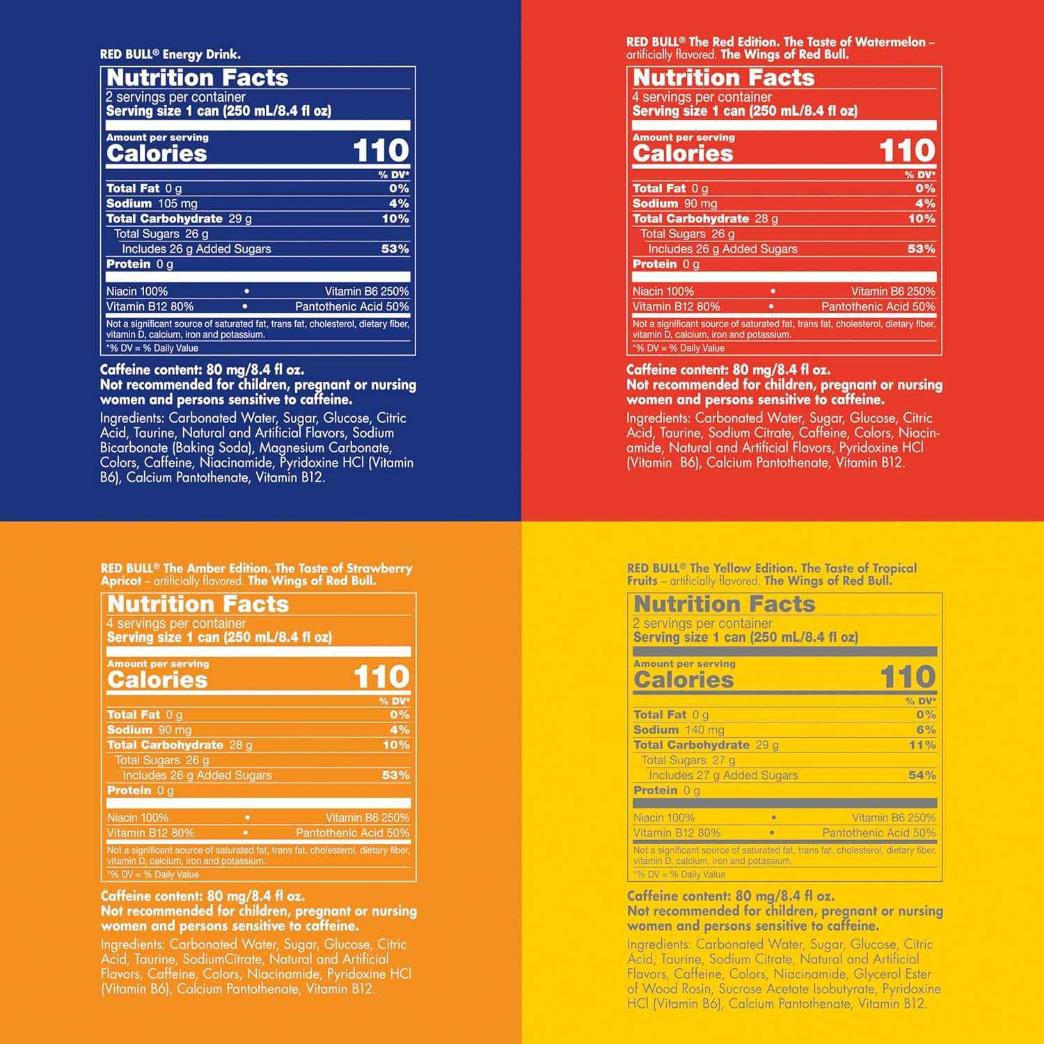 Red Bull Energy Drink Variety Pack, Red Edition, Amber Edition and Yellow Edition Energy Drinks, 8.4 Fl Oz, 24 Cans | Red, Yellow & Amber, contains caffeine, taurine, B-vitamins, sugar, and water, 8.4 fl oz, pack of 24 cans