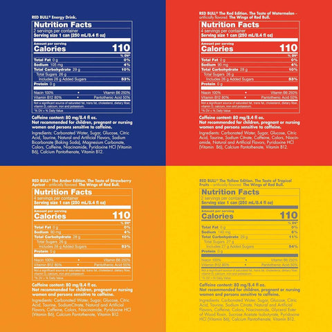 Red Bull Energy Drink Variety Pack, Red Edition, Amber Edition and Yellow Edition Energy Drinks, 8.4 Fl Oz, 24 Cans | Red, Yellow & Amber, contains caffeine, taurine, B-vitamins, sugar, and water, 8.4 fl oz, pack of 24 cans