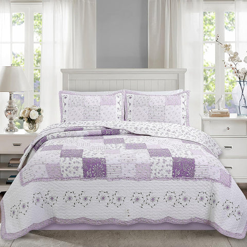 Cozy Line Home Fashions 100% Cotton Hand Piecing Real Patchwork Love of Lilac Bedding Quilt Set, Purple Orchid Lavender Chic Lace Floral Reversible Coverlet, Bedspread (Lilac, Twin - 2 Piece)