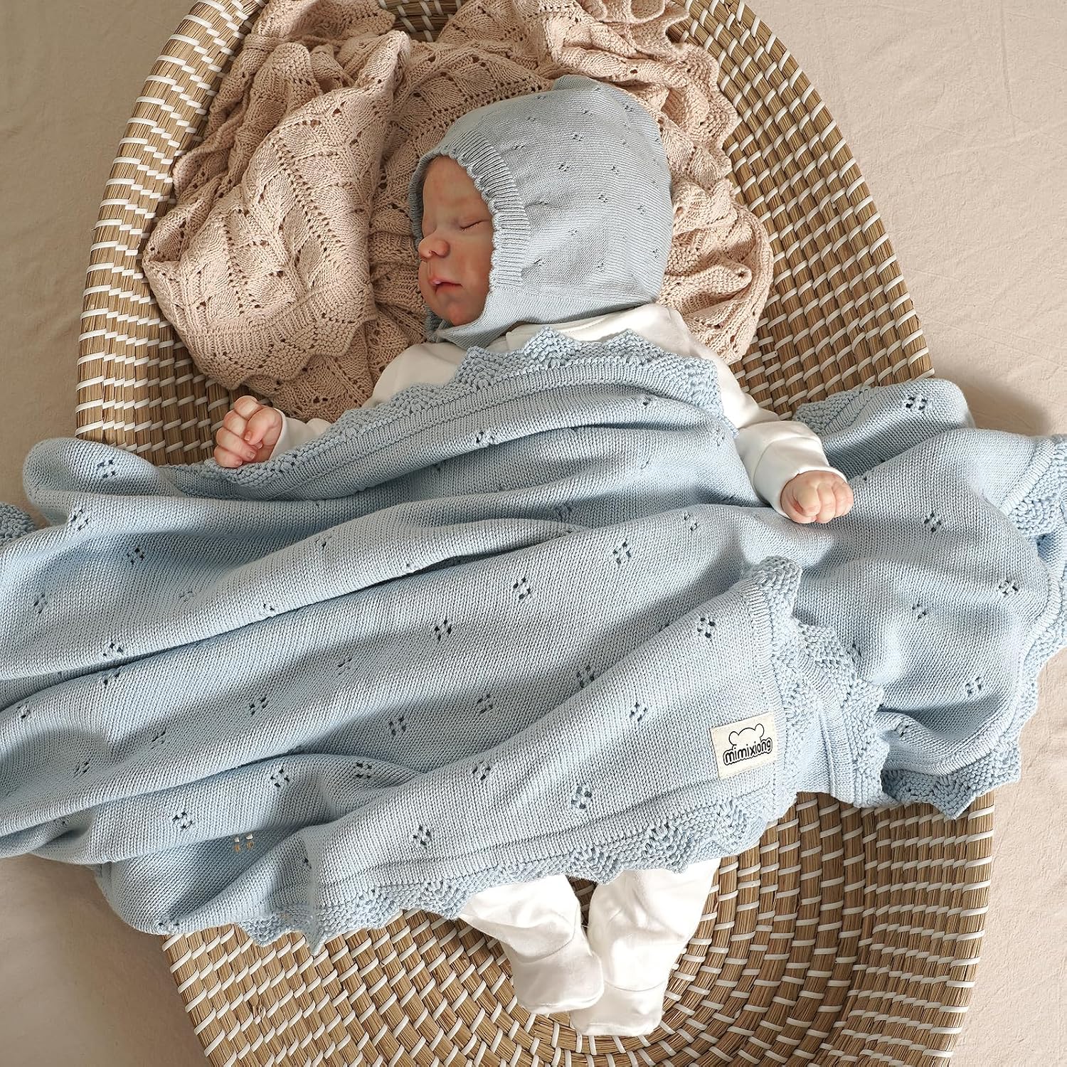 mimixiong Cotton Baby Blanket Knitted Crochet Receiving Crib