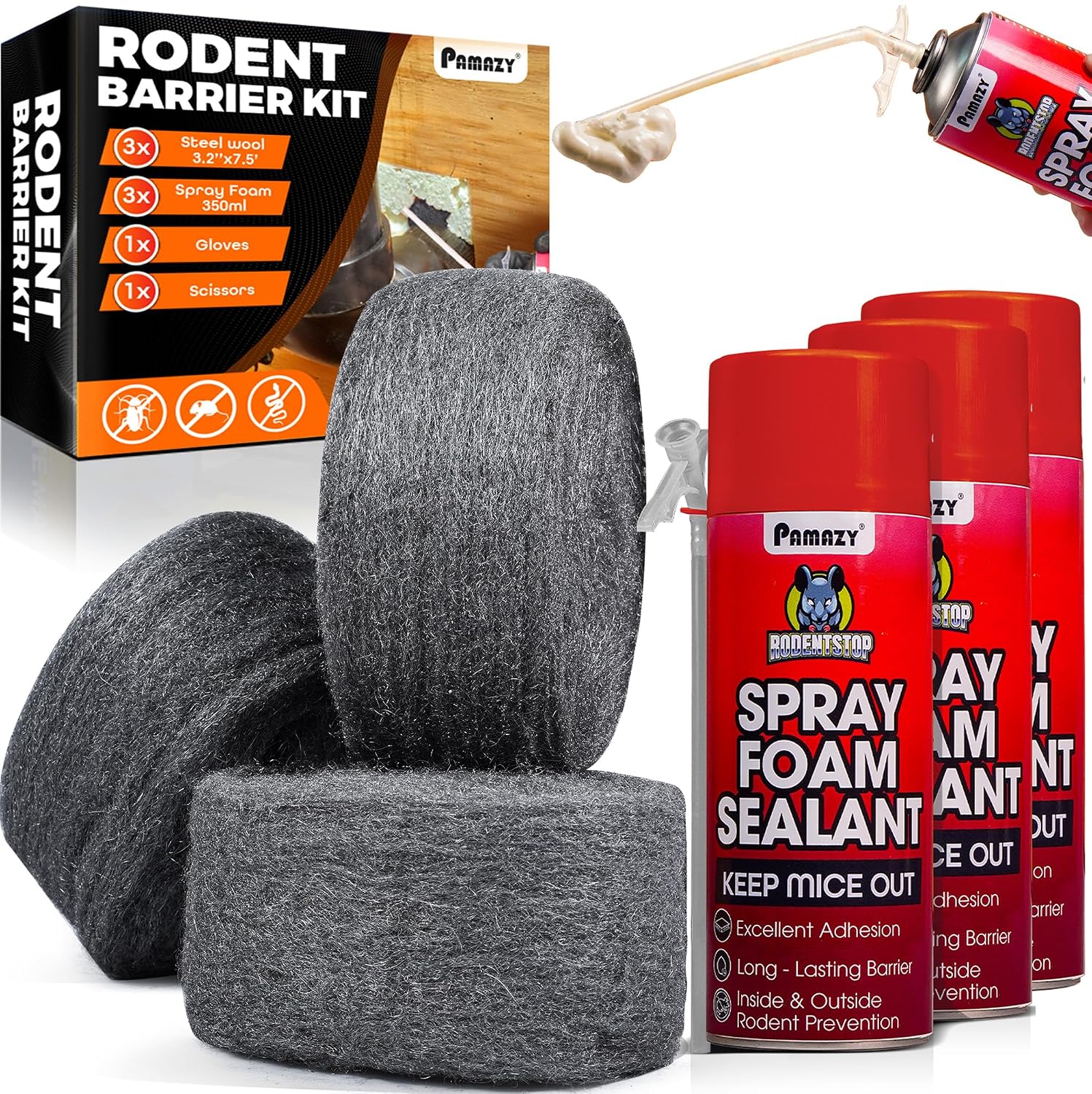 Rodent Barrier Kit 3PCS Steel Wool+3PCS Spray Foam Hole Filler Mice Control