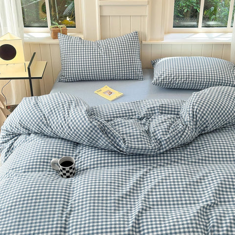 LifeTB Gingham Duvet Cover King 100% Washed Cotton Blue Plaid Duvet Cover 3 Pieces Boho Grid Comforter Cover with 2 Pillowcases Luxury Soft Gingham Bedding Set Buffalo Grid Duvet Cover King Size