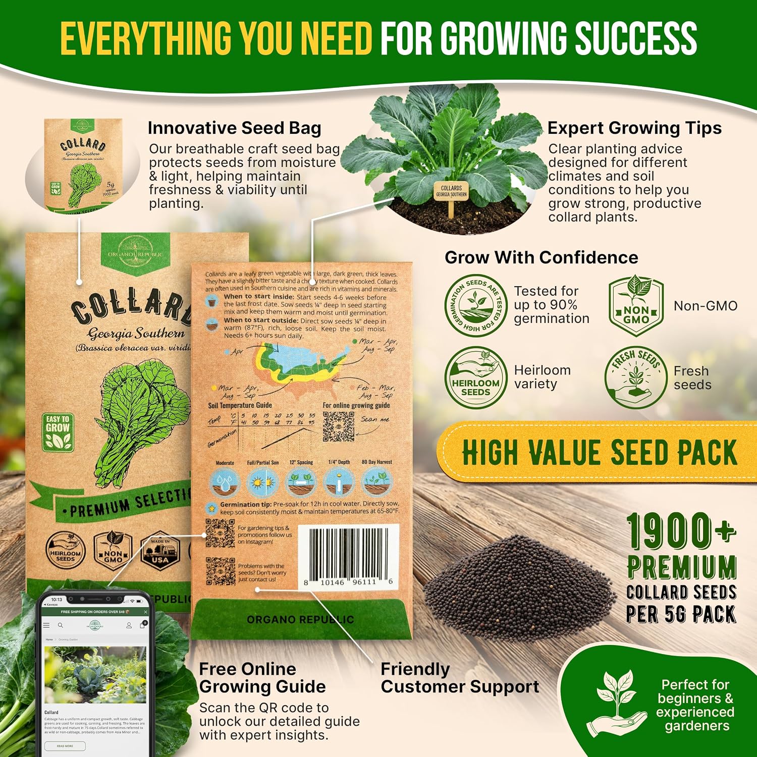 Organo Republic Collard Georgia Southern Seeds Pack 5G - Over 1900 Non-GMO Heirloom Collard Seeds for Planting Vegetable in Individual Seed Packet Vegetables Seeds for Planting Indoor & Outdoor