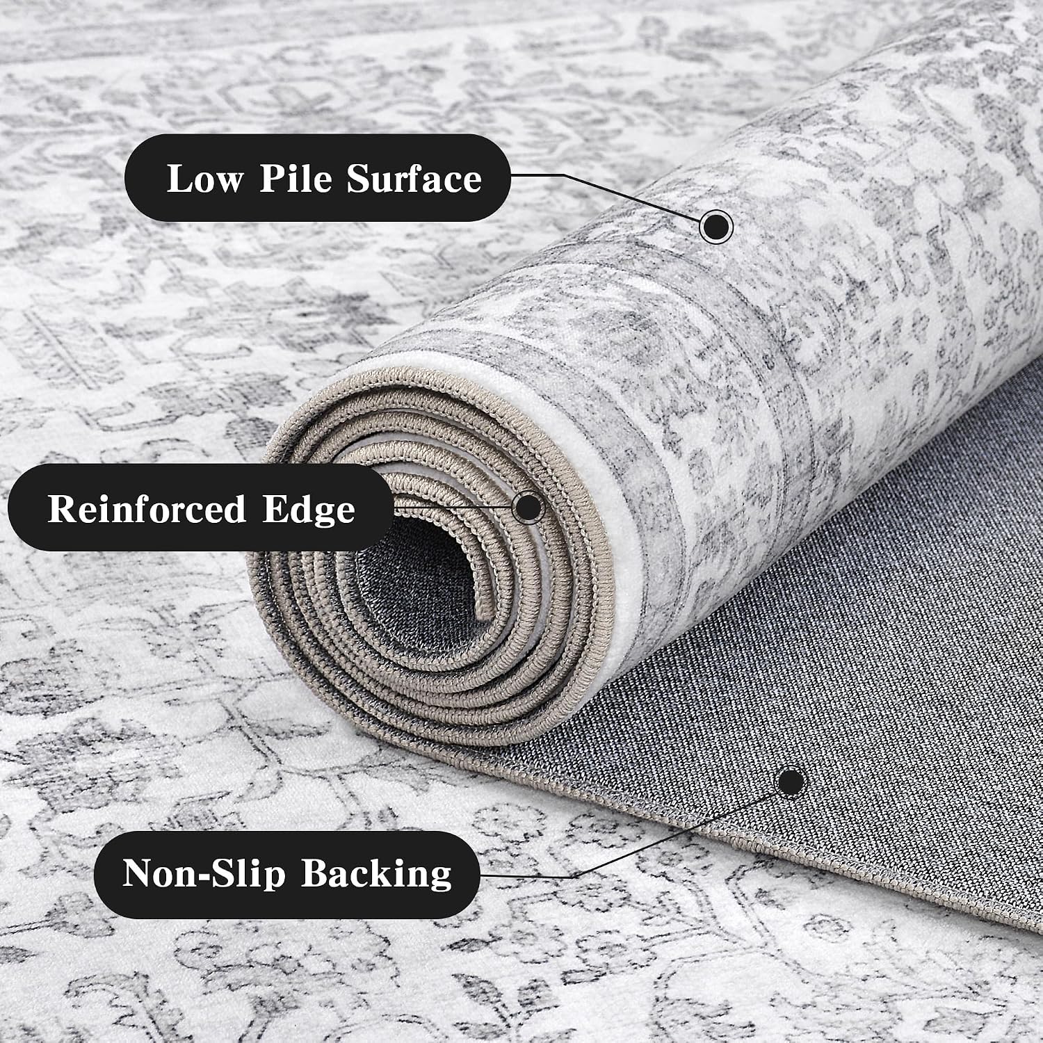8x10 Washable Living Room Area Rug Non-Slip Vintage Gray Large Carpet