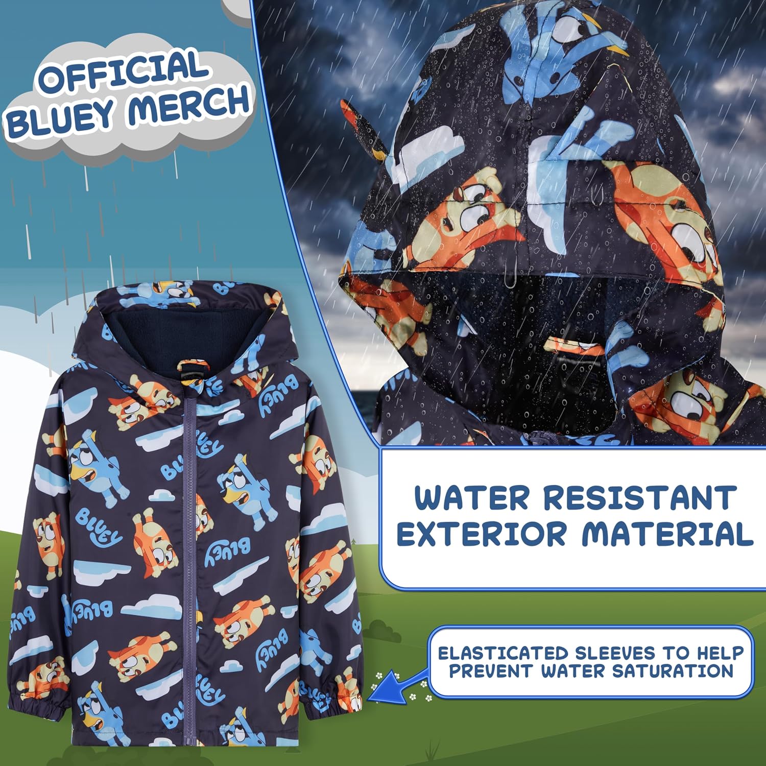 Bluey Girls Raincoat With Hood, Waterproof Fleece Lined Outdoor Rainwear For Kids
