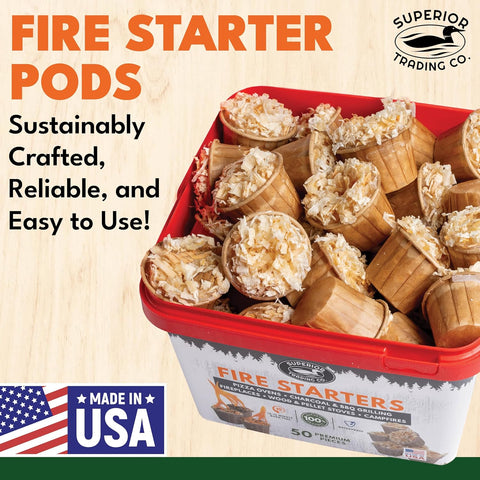 Superior Trading Fire Starter Pods in Plastic Bucket - Fire Starters for Campfires, BBQ, Grill, Pit, Wood Stove & Charcoal Starter, 15-20-Min Burn, 50 Extra Large Pods, USA Made, Brown, 3 Lbs