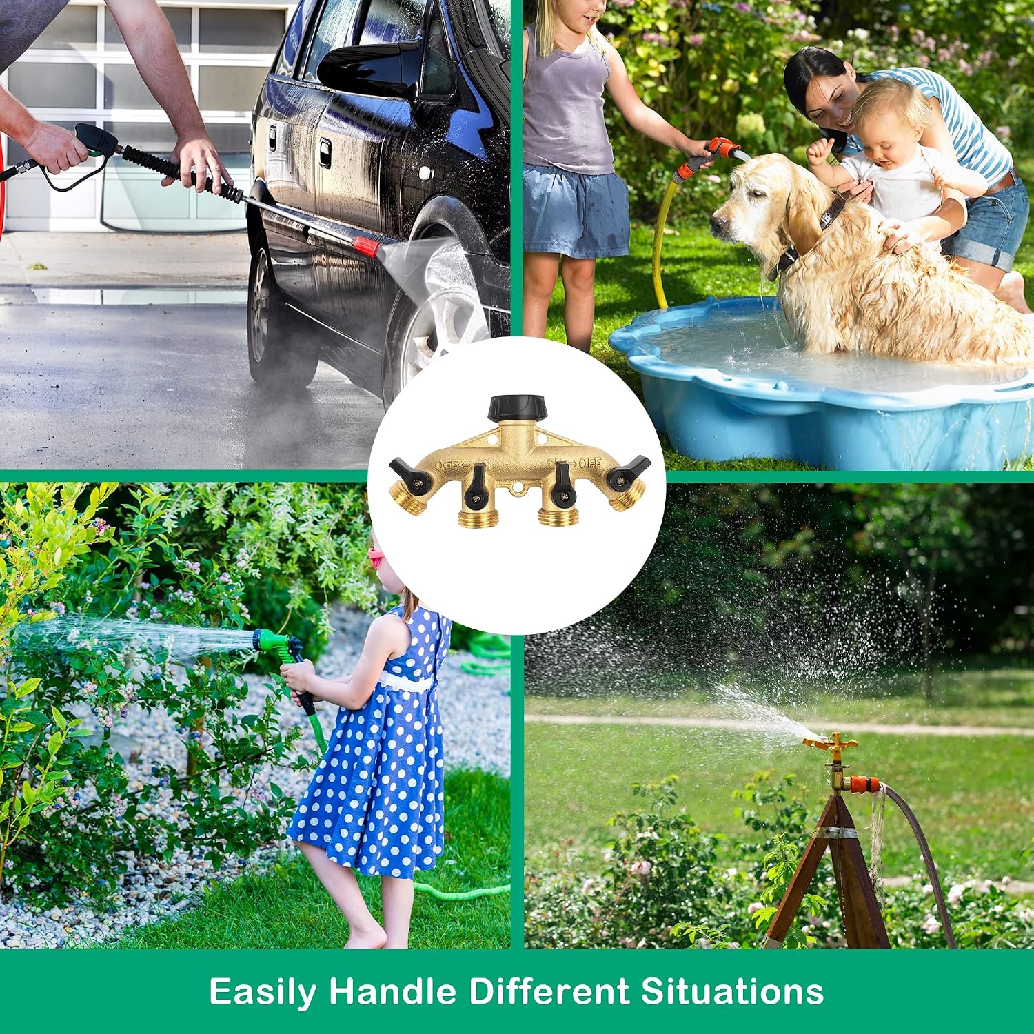 Hourleey Brass 4 Way Heavy Duty Garden Hose Splitter, Water Hose Splitter for 3/4" Hose Connector, Hose Faucet Splitter Hose Spigot Adapter 4 Valves with 4 Rubber Washers & Tape