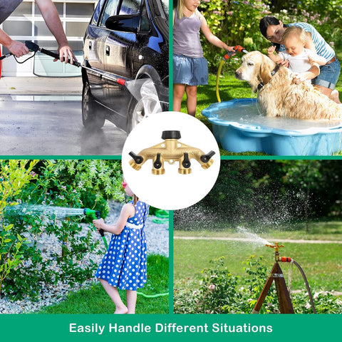 Hourleey Brass 4 Way Heavy Duty Garden Hose Splitter, Water Hose Splitter for 3/4" Hose Connector, Hose Faucet Splitter Hose Spigot Adapter 4 Valves with 4 Rubber Washers & Tape
