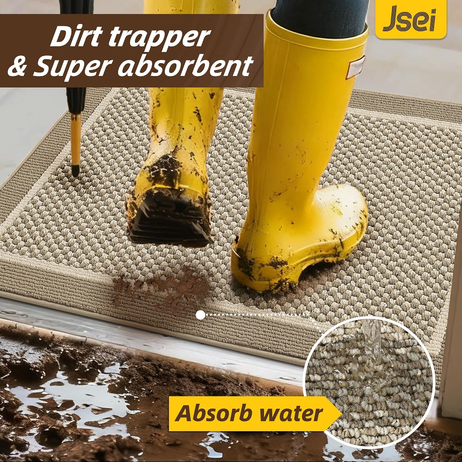 JSEI Dirt Trapper Door Mat 24"x36", Non-Slip Doormat,Beige