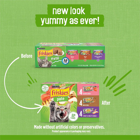 Purina Friskies Wet Cat Food Pate Variety Pack Salmon Dinner, Turkey and Giblets Dinner and Mixed Grill - (2 Packs of 12) 5.5 oz. Cans