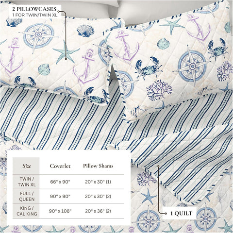 Great Bay Home Coastal Quilt Set - 3-Piece Full/Queen Size Blue Nautical Bedding Set - Lightweight, All-Season, Reversible Bedspread (Nautical Motif)