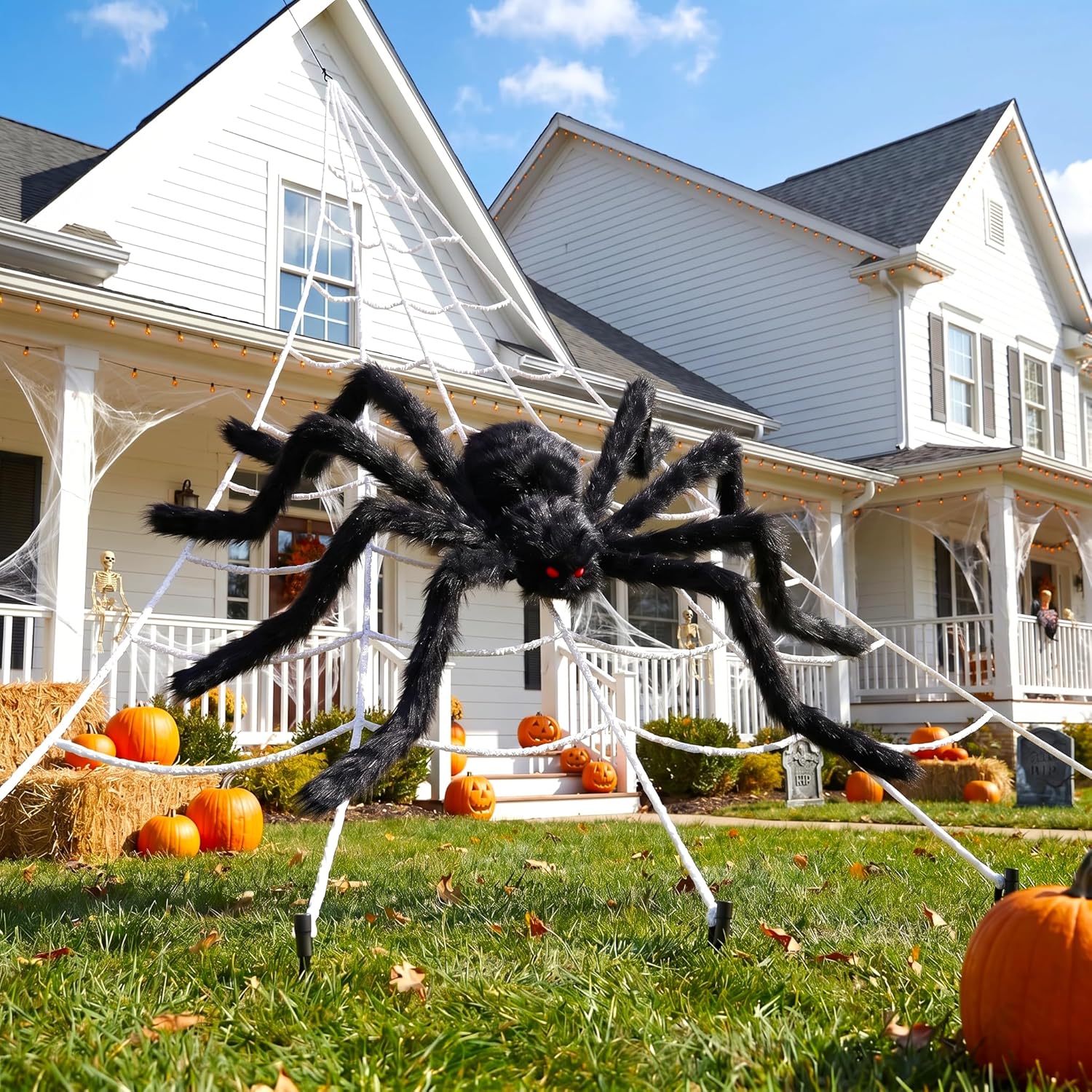 Land Guard 236'' Big Spider Web Halloween Decor+70'' Huge Spider for Roof with Triangular Big Web for on House Outside and Inside