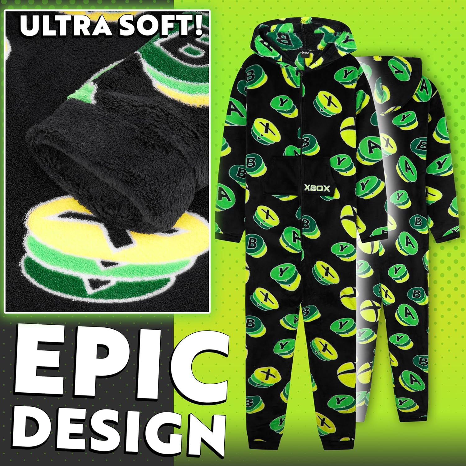 Xbox One Piece Pajamas for Boys, Teens, Fleece Jumpsuit, Pajama Set, Sleepwear PJs, Loungewear, Gamer Gifts for Boys