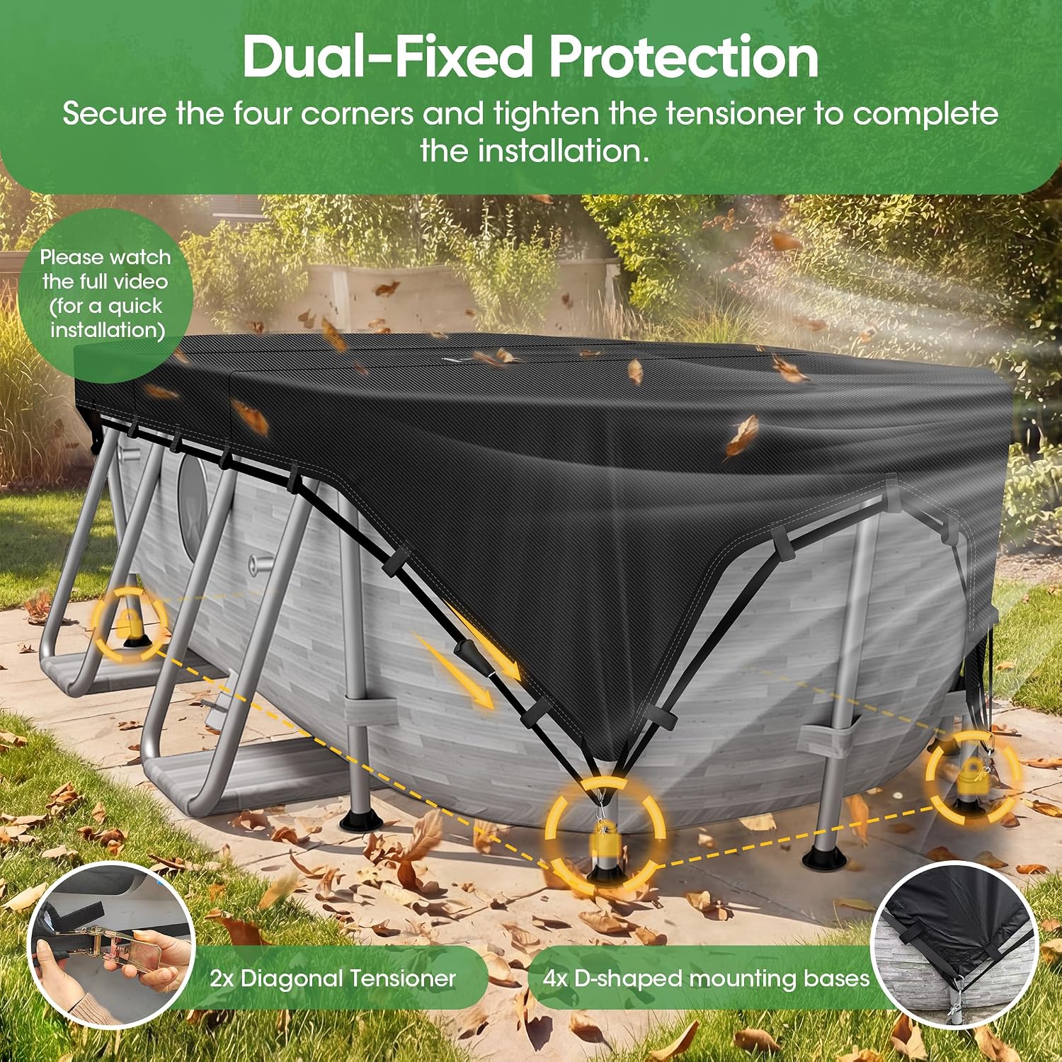 SIHAIAN 16x32Ft Oval Pool Cover Patented Design Four-Corner Locking 500D Rectangular and Oval Pool Cover, Prevent Water Accumulation Pool Cover for Oval Above Ground Pool with 4 Storage Straps