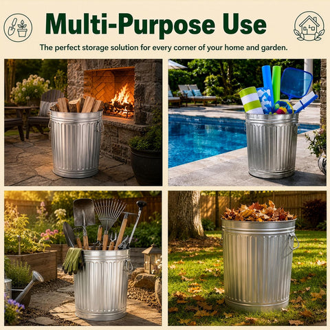 Gardenised Round Galvanized Steel 15 Gallon Trash Can with Lid and Handles Durable Metal Storage Bucket for Backyard Lawn Garden and Yard Use Weather-Resistant Garbage Can for Indoor and Outdoor